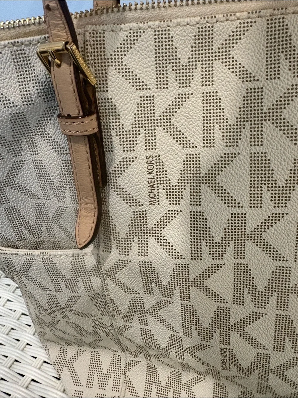 Michael Kors Beige Logo Jacquard Tote with Tan Leather Straps